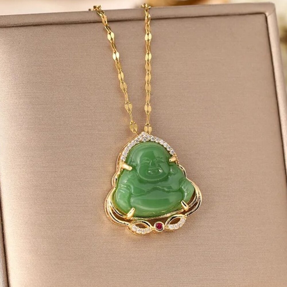 18k Gold Plated Stainless Steel Green  Jade Buddha Necklace with Gold Scrollwork